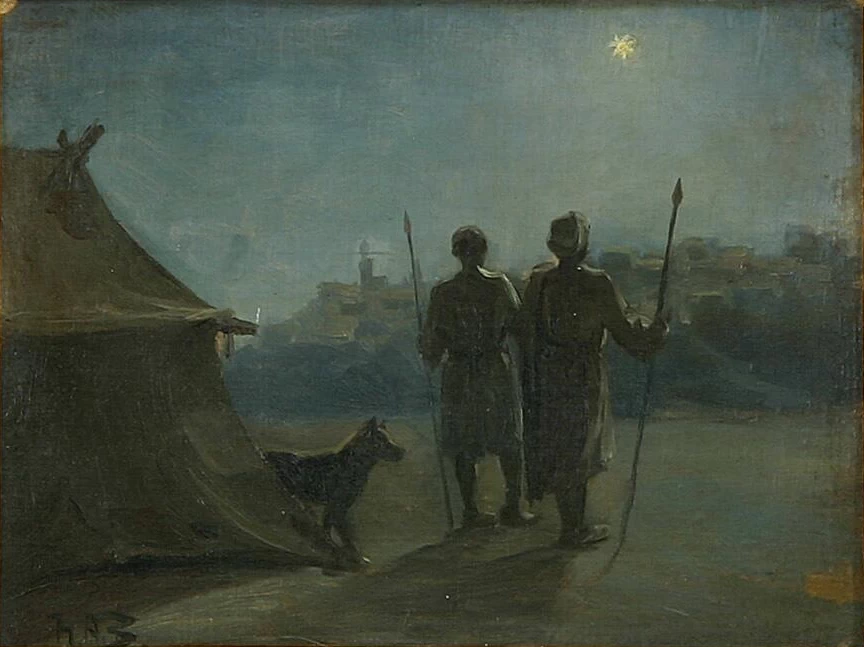 Scena orientale con due guardie fuori da una tenda di notte